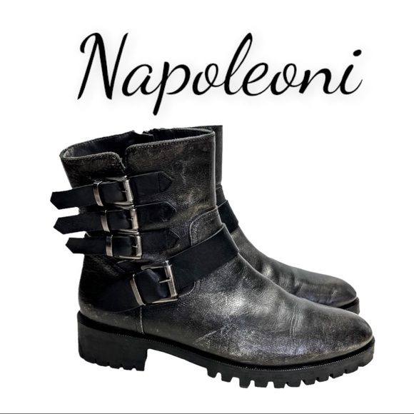 Napoleoni Pewter/Black Genuine Leather Buckle Moto Boots - Picture 1 of 13